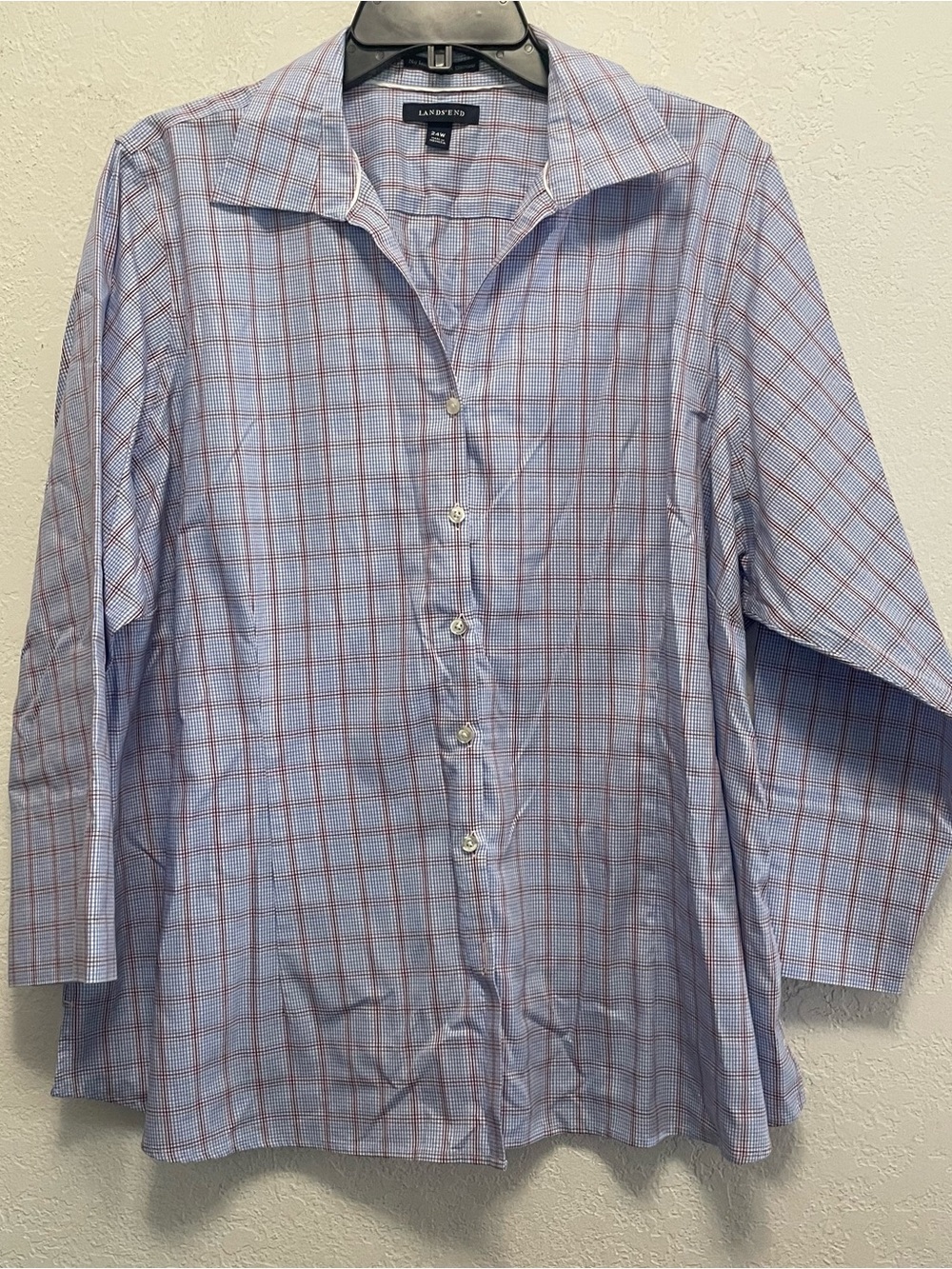 Lands' End women's button-up shirt blue plaid check pattern 3/4 Sleeves 24W